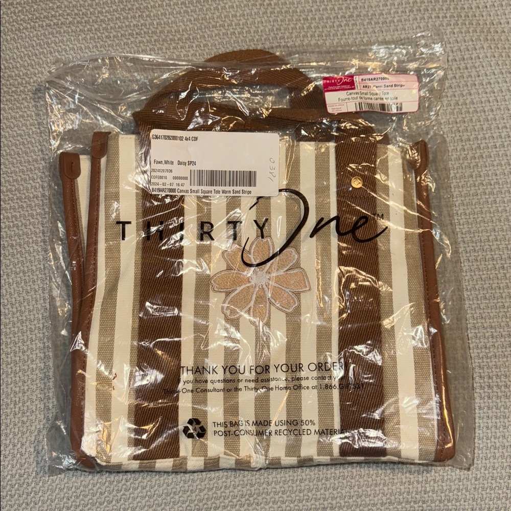 Thirty-One Canvas Small Square Tote Brown and White Tote Bag